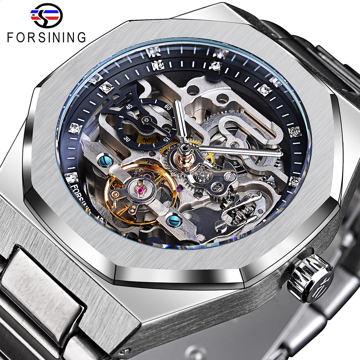 Forsining Casual Automatic Watch 3D Diamond Skeleton Hollow Mens Wristwatches Luminous Military Watches Montre Homme 240709