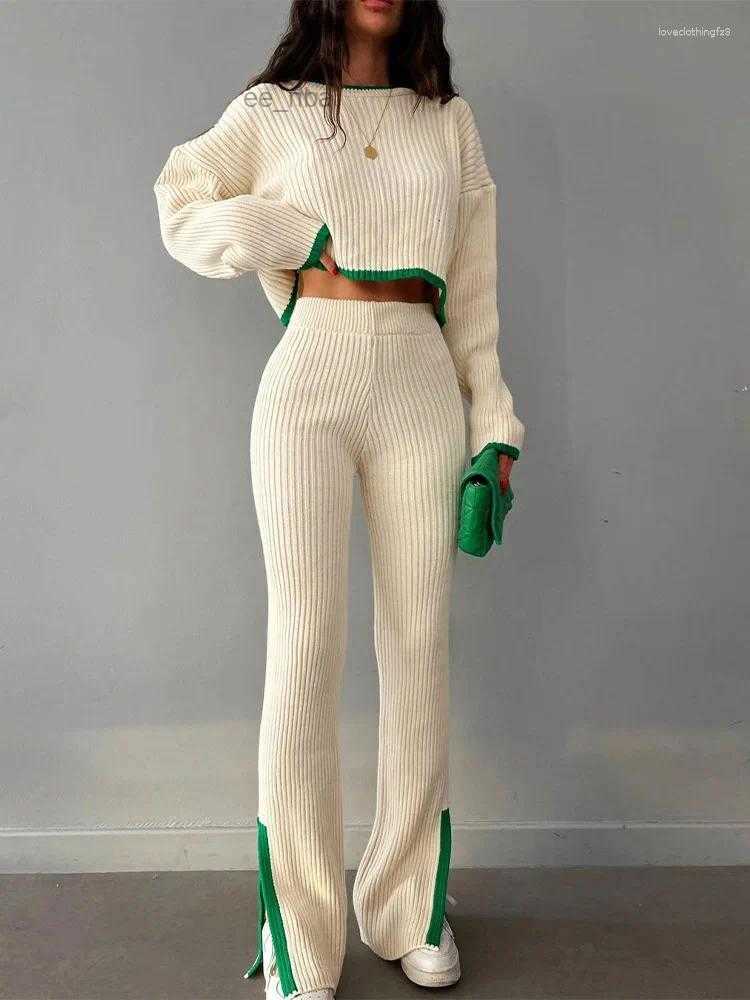 Womens Two Piece Pants Tracksuits Split Up Pullover Sweater Wide Leg Suit 2024 Autumn Casual Elegant Streetwear Color Block Knitted Women C260312