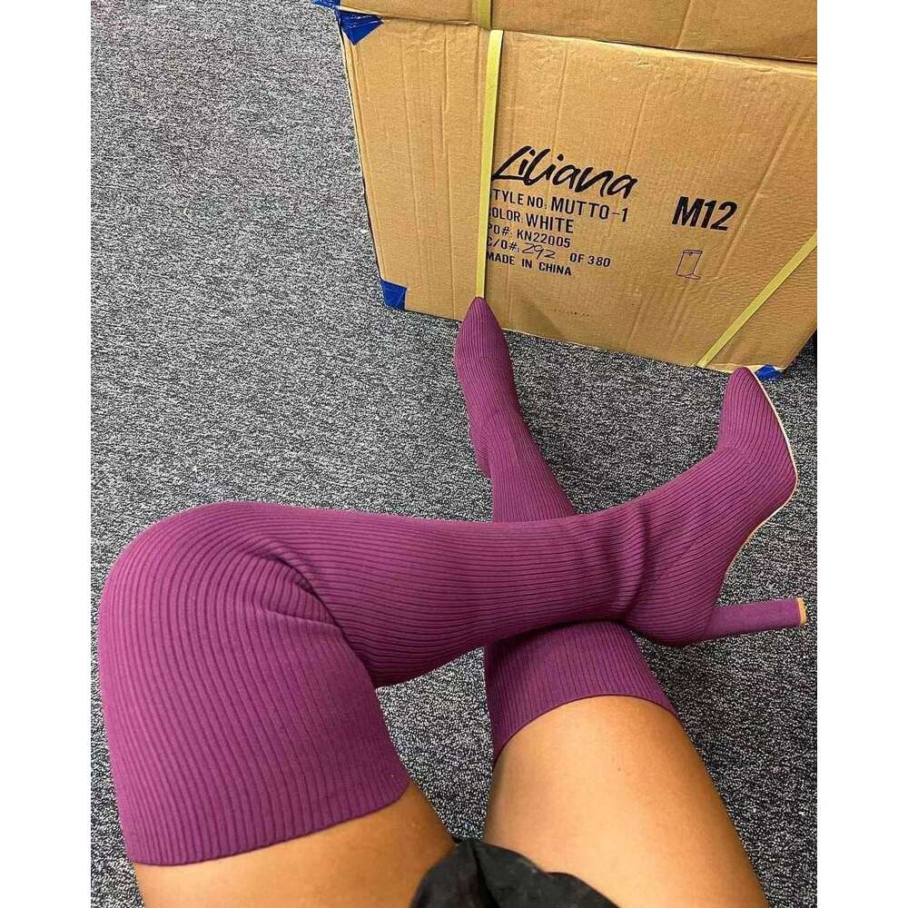 Pointed thick heeled knitted breathable knee for women's oversized elastic woolen socks and long boots