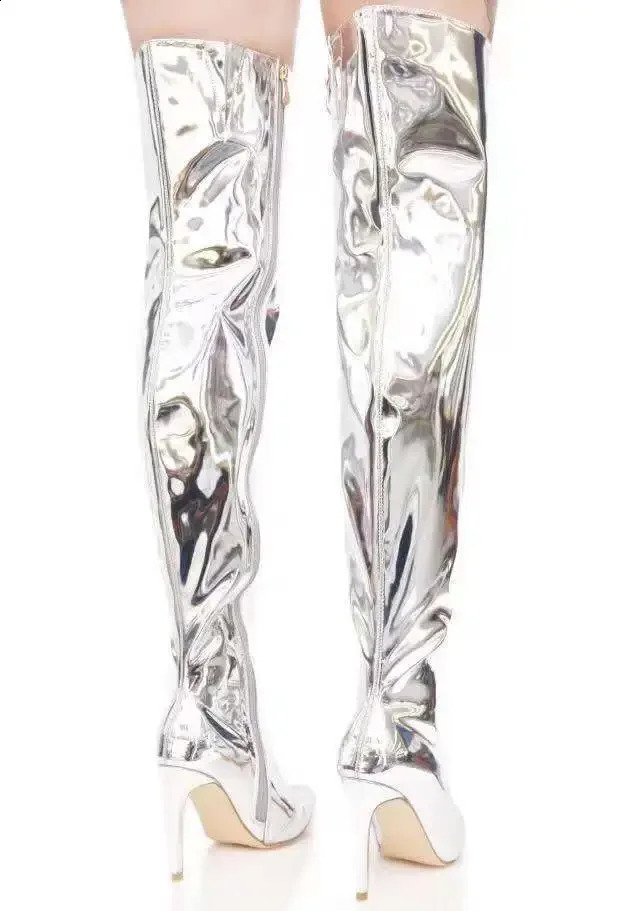 Women Boots Mirror Platform Pointy Toe Punk High Thin Heels Over The Knee Long Autumn Winter Zip Silver Casual Party Shoes 240718