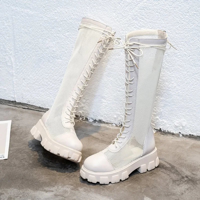Summer Boots Women Chunky Heel Knee-length Platform Woman Female Round Toe Zipper Sandals Mesh Ladies Fashion Comfort Shoes 250418