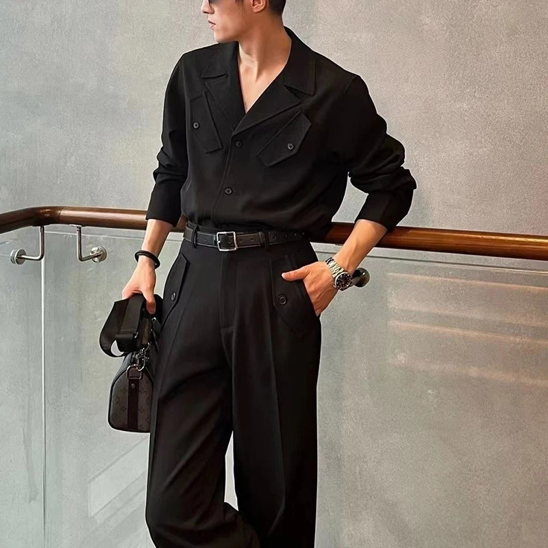Korean Style Autumn Handsome Fashionable Shirt Suit Trendy Mens Loose Shirt Wide-leg Pants with One-piecetwo-piece Set Cityboy 240715