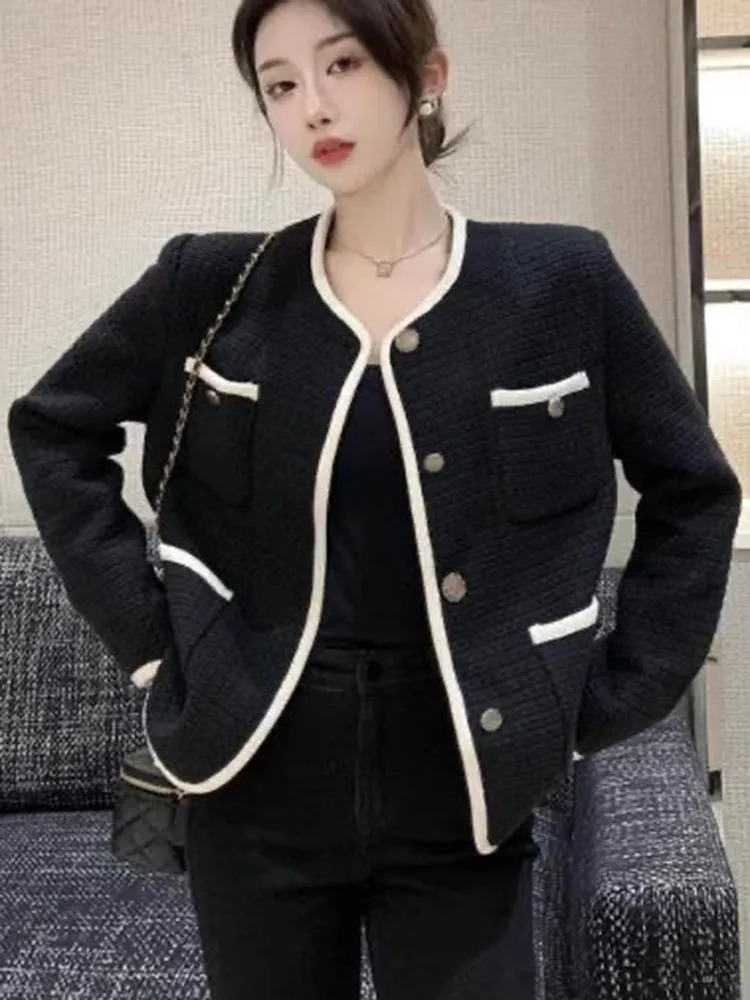 O-neck Tweed Single Breasted Woolen Jackets Korean Fashion Women Chic Wool Blend Tops Abrigos Spring Fall Elegant Casual Coats 240712
