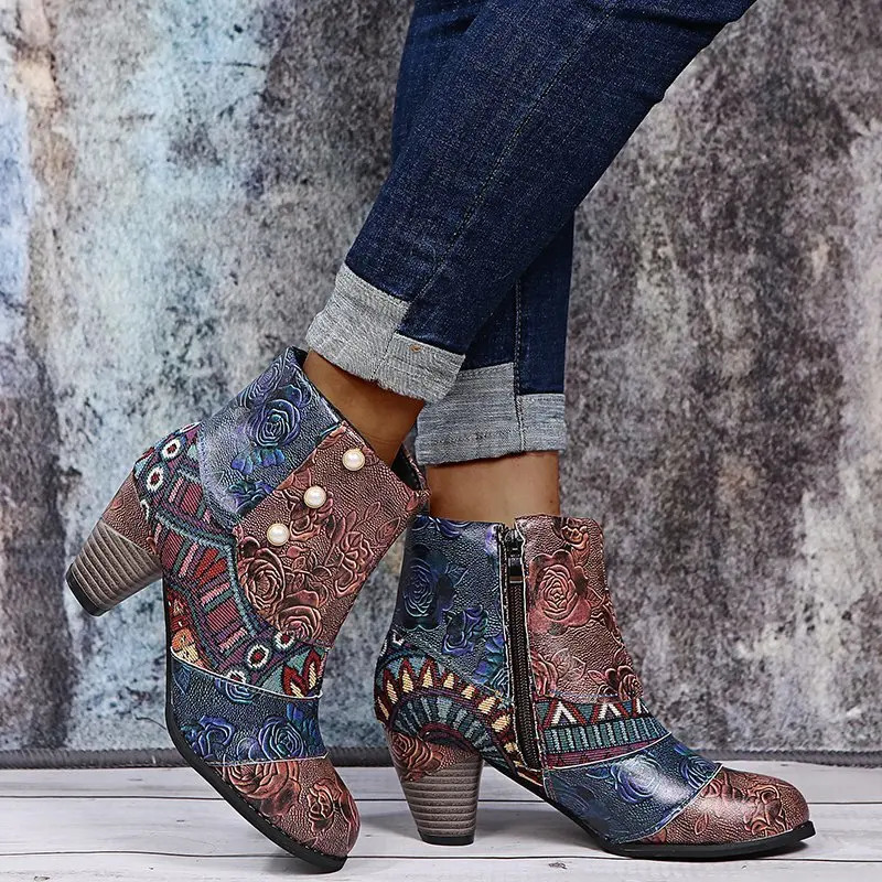 Ankle Boots Women Autumn PU Womens Shoes Ethnic Waterproof Casual Vintage Shoes Zipper High Heel Short Boots Botas Mujer 240716 - view 4