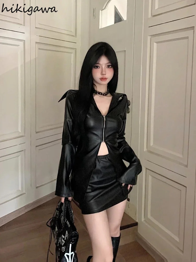 Temperament Black Coat Women Clothing Tunic Long Sleeve Zipper Y2k Tops Ropa Mujer Fashion Casual Leather PU Jackets 27r353 240717