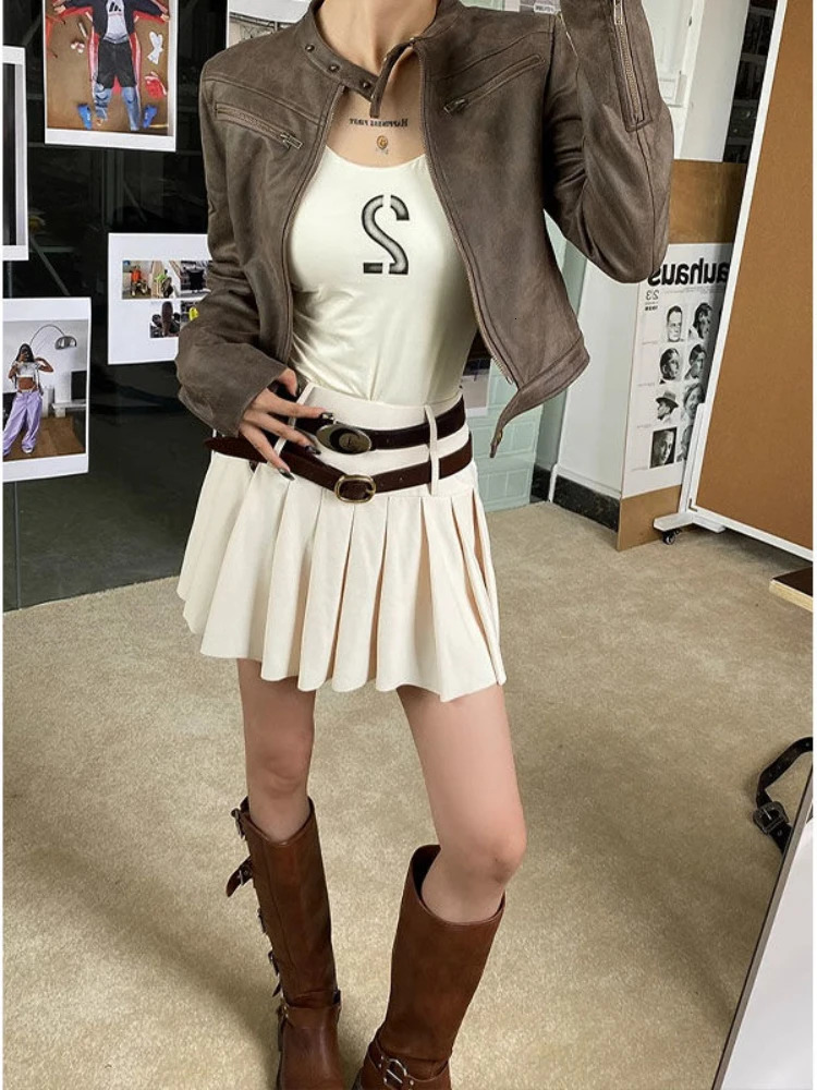 Deeptown Y2K 90s Vintage Leather Jackets for Women Punk Grunge Zipper Moto Biker Coats Harajuku Techwear Cropped Outwear Hip Hop 240717