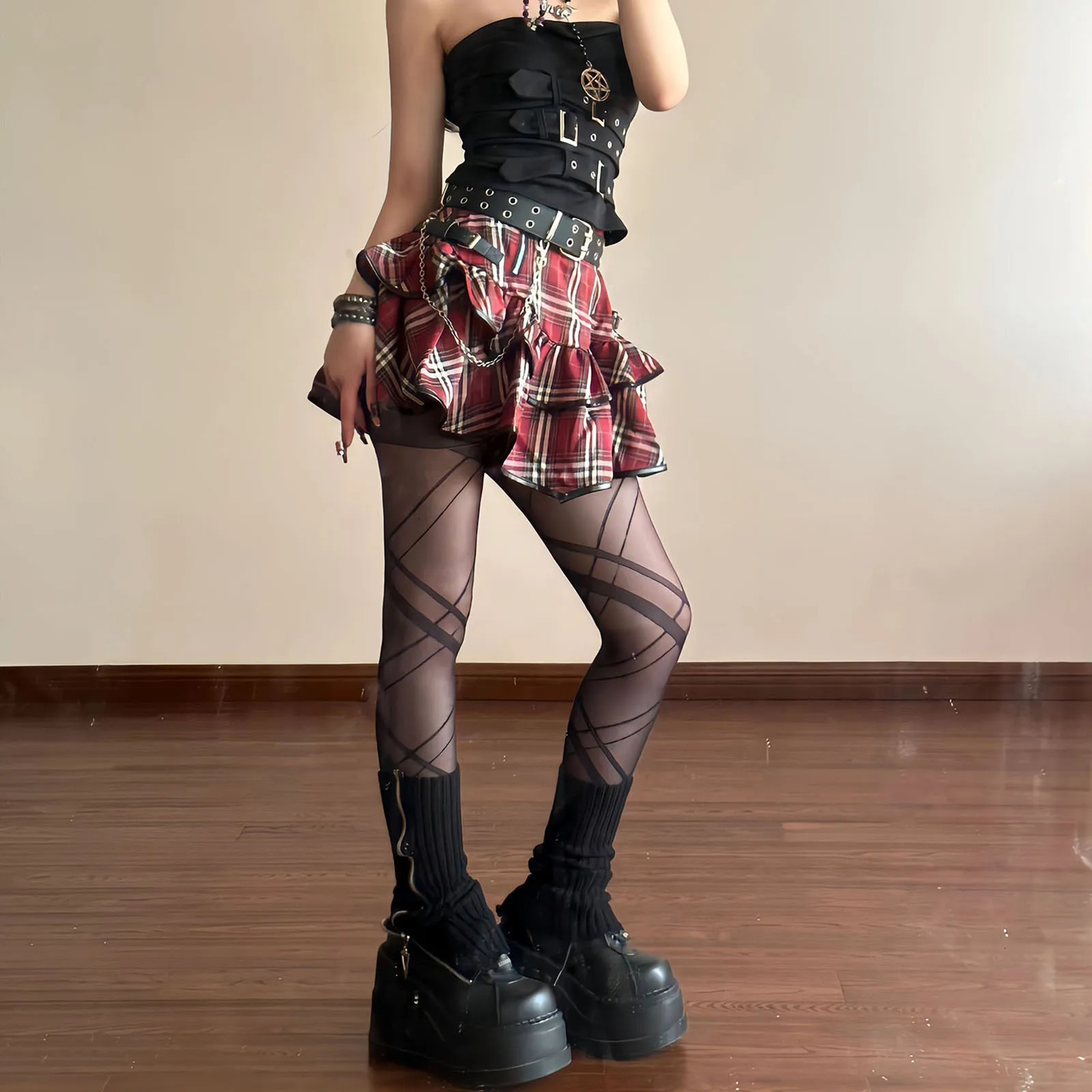 Korean Japanese Sweet Clothes Gothic Punk Skirts Y2k Streetwear Dark Aesthetics Pleated Ball Gown Plaid Stripe Mini Skirt 240715