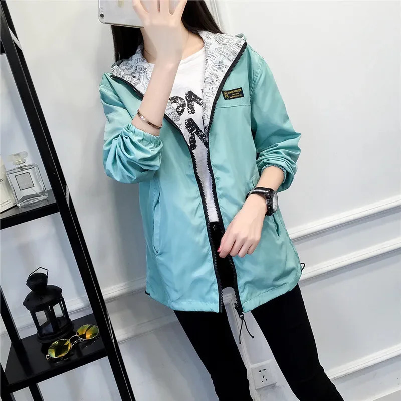 Spring Autumn Fashion Women Jacket Coat Pocket Zipper Hooded Windbreaker Female Casual Outwear Loose Plus Size Tops M57 240711