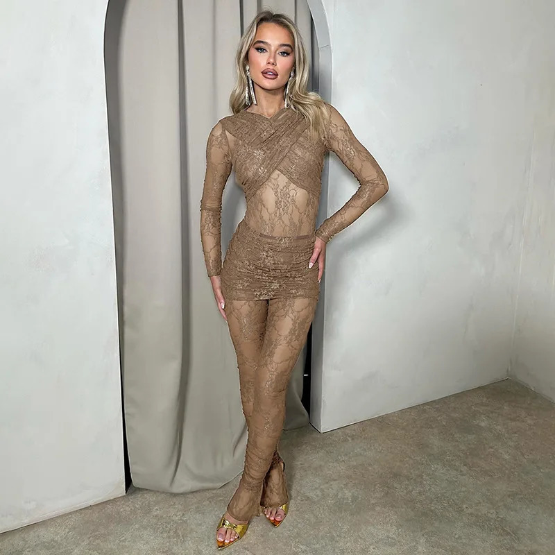 Womens Stitched Lace See-through Jumpsuit Pants Skirt Two-piece Set Elegant Sexy Party Club Outfit Vestidos 240715