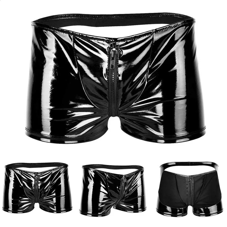 Open Butt Club Panites Man Faxu Leather Hollow Out Boxer Trunks Sexy Zip Pouch Underpants Eortic Lingerie Gay Men PVC Shorts 240711