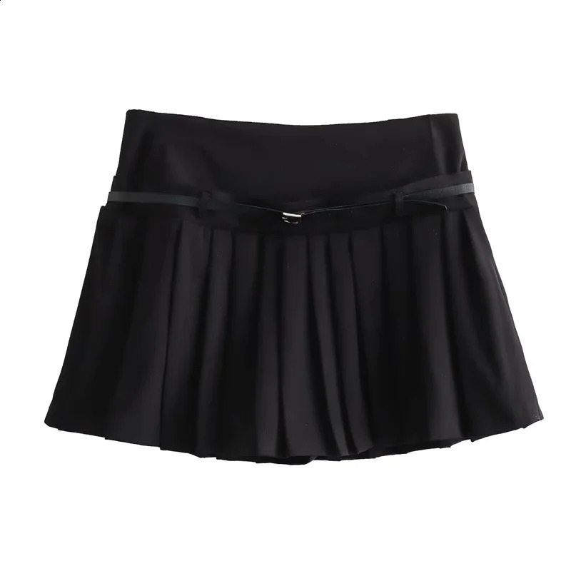 TRAF Pleated Woman Skirt Belt Skort For Women Black High Waist Mini Shorts Fashion Ruched Summer Short Skirts 240722