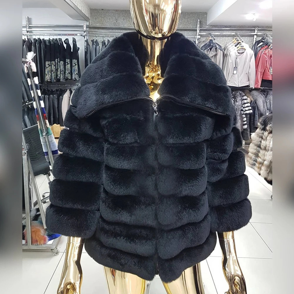 Fashion Real Fur Coat 100% Genuine Natural Rex Rabbit Fur Coat With Lapel Collar Striped High Quality Warm Overcoats 240716