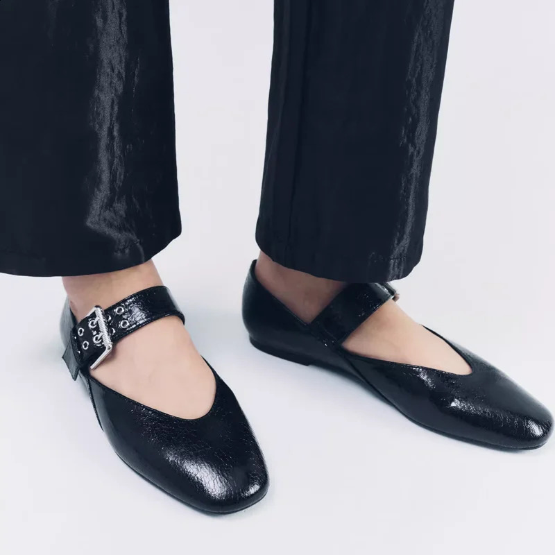 Genuine Leather Women Mary Jane Shoes Fashion Square Toe Silver Buckle Flat Casual Slip On Ballet 240718