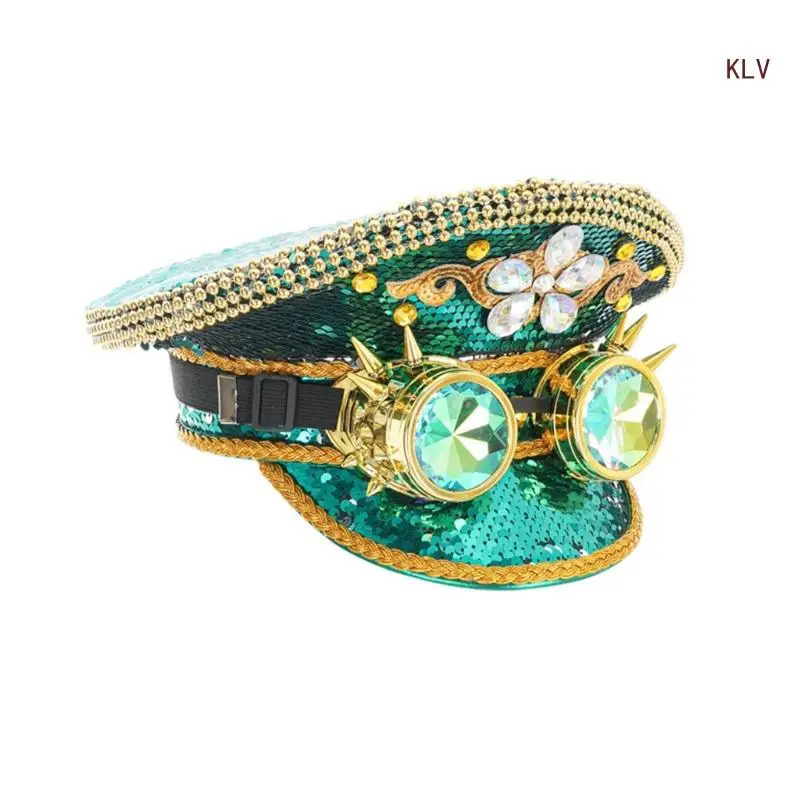 Sequins Bride Hat for Sailing Party Glitter Captain Cap Music Festival Women Cosplay Cap Goggle Captain Hat 6XDA 240715