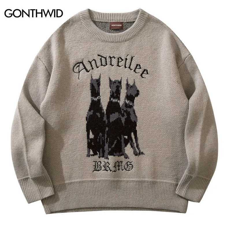Men Vintage Sweater Y2K Streetwear Hip Hop Vintage Knitted Doberman Dog Sweaters Autumn Harajuku Fashion Retro Casual Sweaters Z240912