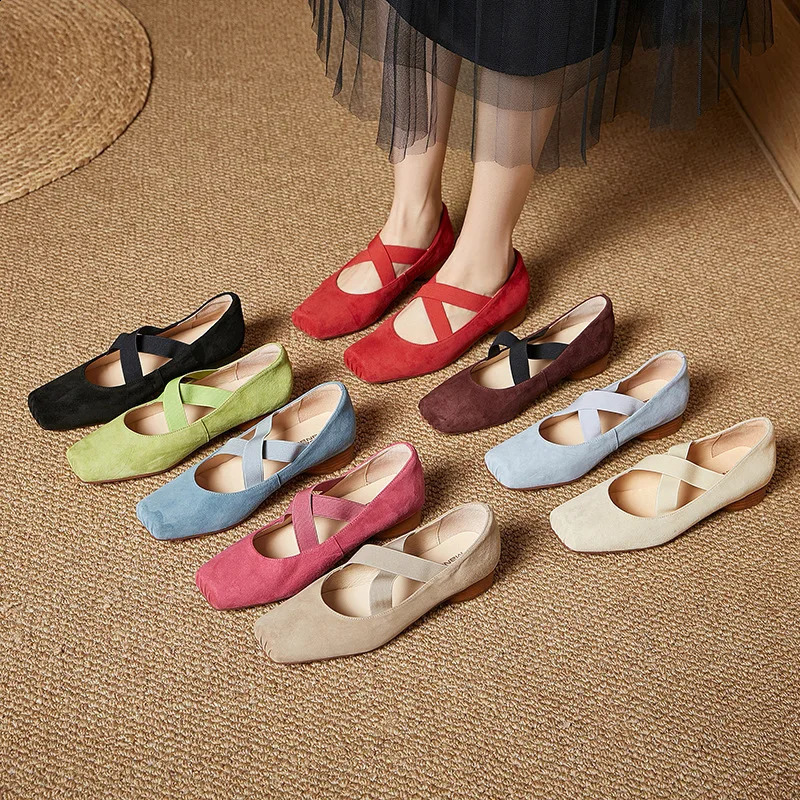ALA Rising|LEH Leather Handmade Pig Mouth Ballet Shoes With Cross Heel Sheepskin Mary Jane Womens Square Head 240718