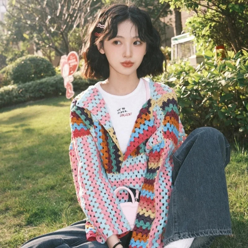 Colorful Knit Stitch Hollow Out Cardigan Oversize Women Open Front Long Sleeve Bohemian Sweater Fall Streetwear Coats T310 240717