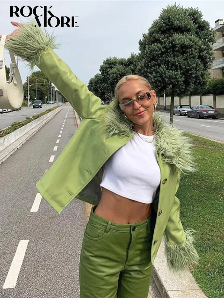 Rockmore Fur Collar Leather Jackets for Woman Autumn Winter Windproof PU Coats Fashion Streetwear Button Up Jacket Y2K Vintage 240717