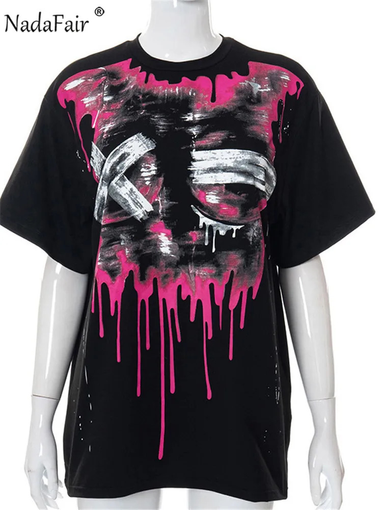 Nadafair Summer Printed O Neck Casual Gothic T Shirts Black Short Sleeve Graphic Tops Women Oversized Y2K Loose Tees Cotton 240717