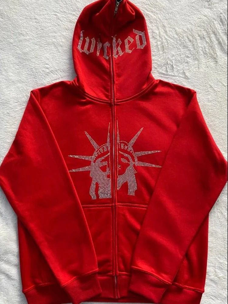 Y2K Creative pattern Rhinestone Hoodies Women Men Gothic Zip Up Oversized Sweatshirts Retro Harajuku Hooded Jacket Streetwear 240722