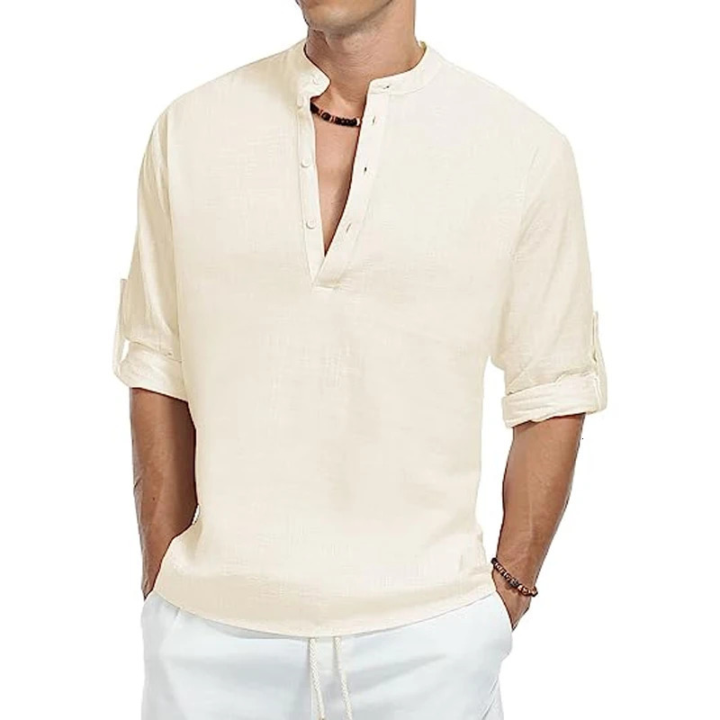 Mens Casual Cotton Shirt Long Sleeve Band Collar Henley Solid Color Tops 240717