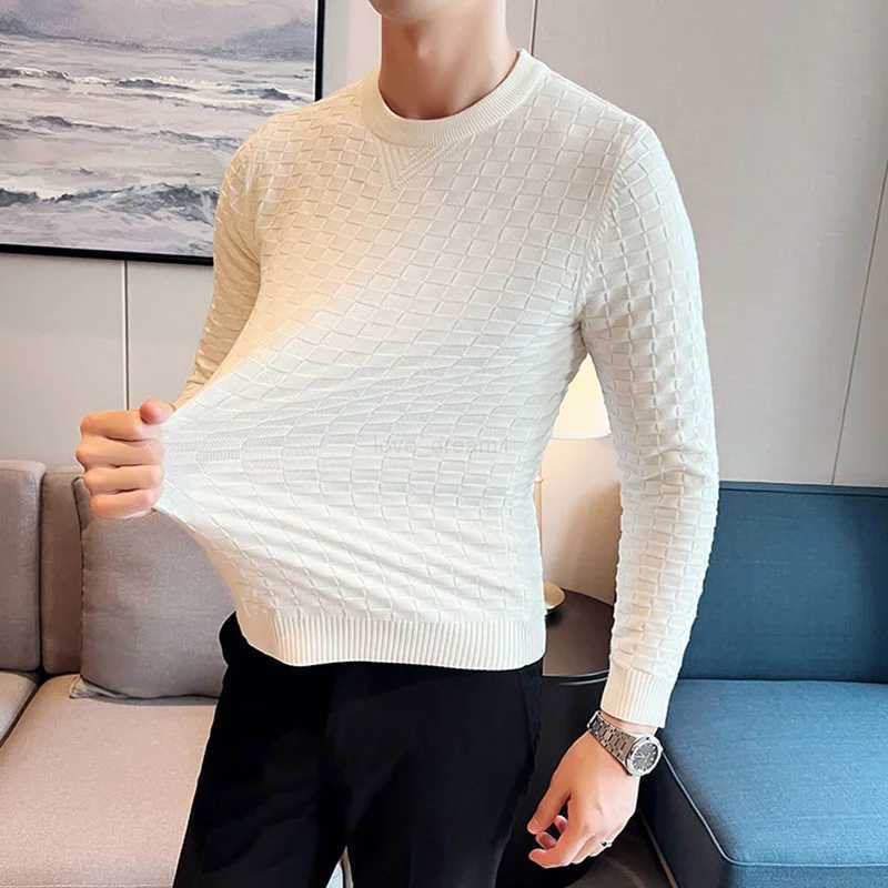 Autumn Winter Stretch Jacquard Woven O-Neck Sweater Mens Waffle Slim Fit Long Sleeve Knitted Pullovers Casual Streetwear Homme Z240912