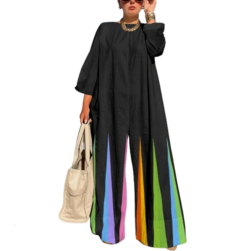 Yeezzi Female Fashion Colorful Striped Wide Leg Jumpsuits 2024 Spring Long Sleeves Round-Neck Zipper Jump Suits For Women 240715