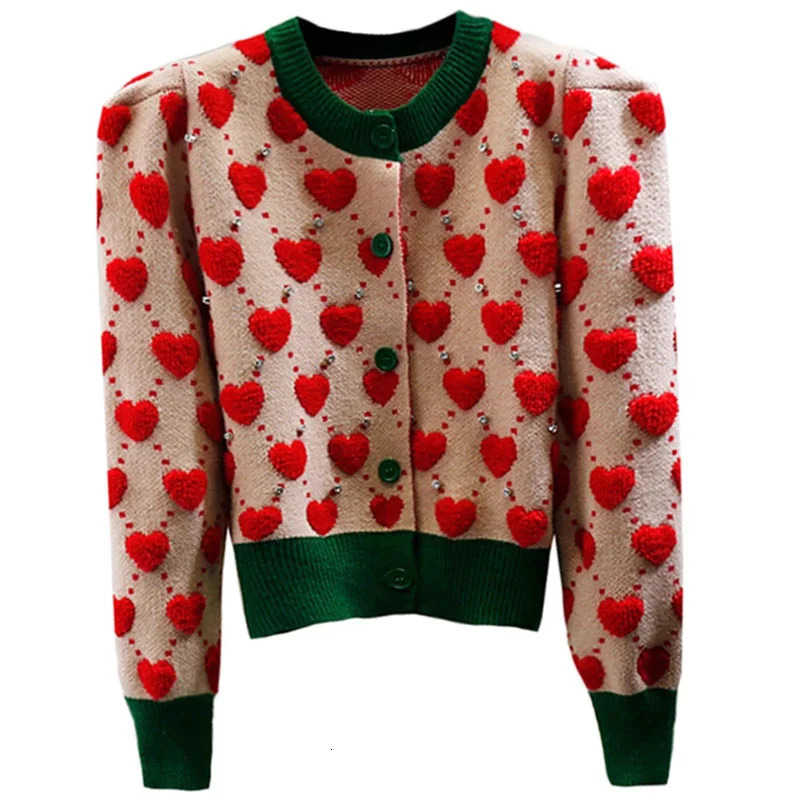 Embroidery Sweater Autumn Winter Heavy Industry Nail Bead Love Jacquard Color Block Bubble Sleeve Sweater for Womens Cardigan 240717