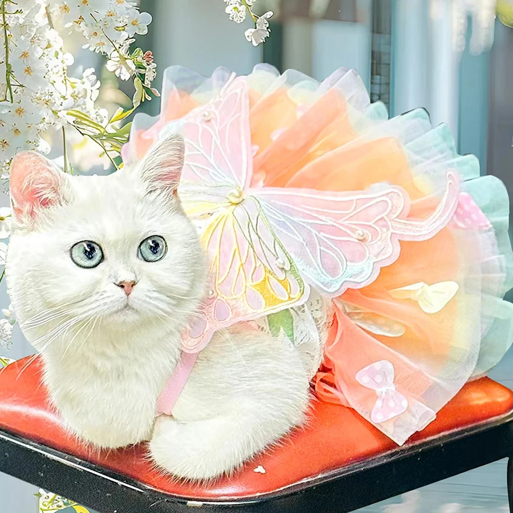Big Butterfly Small Dogs Dress Mesh Lace Thin Apparel Rainbow Pet Tutu Winged Puppy Bridal Gown Tulle Skirt Clothing 240722 H260130