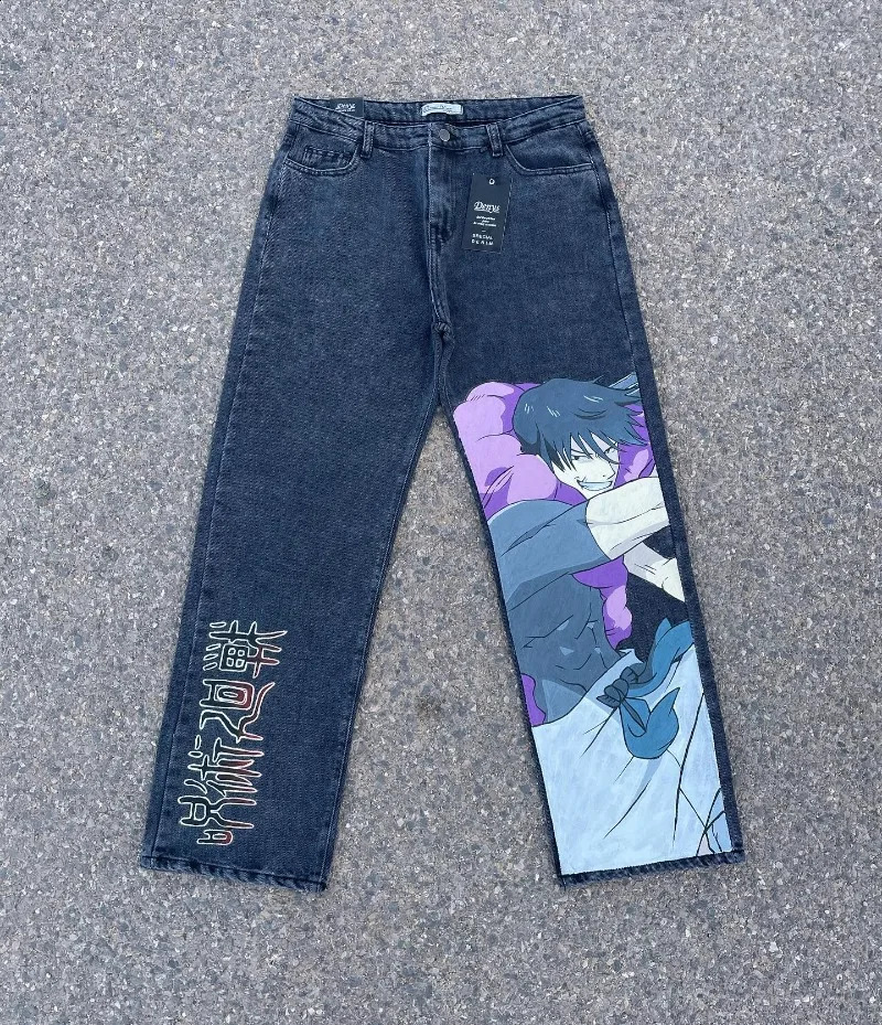 Harajuku Anime Denim Pants Y2k Hip Hop Streetwear Fashion Pattern Printing Men Clothes Loose Straight Cylinder Casual Trousers 240719