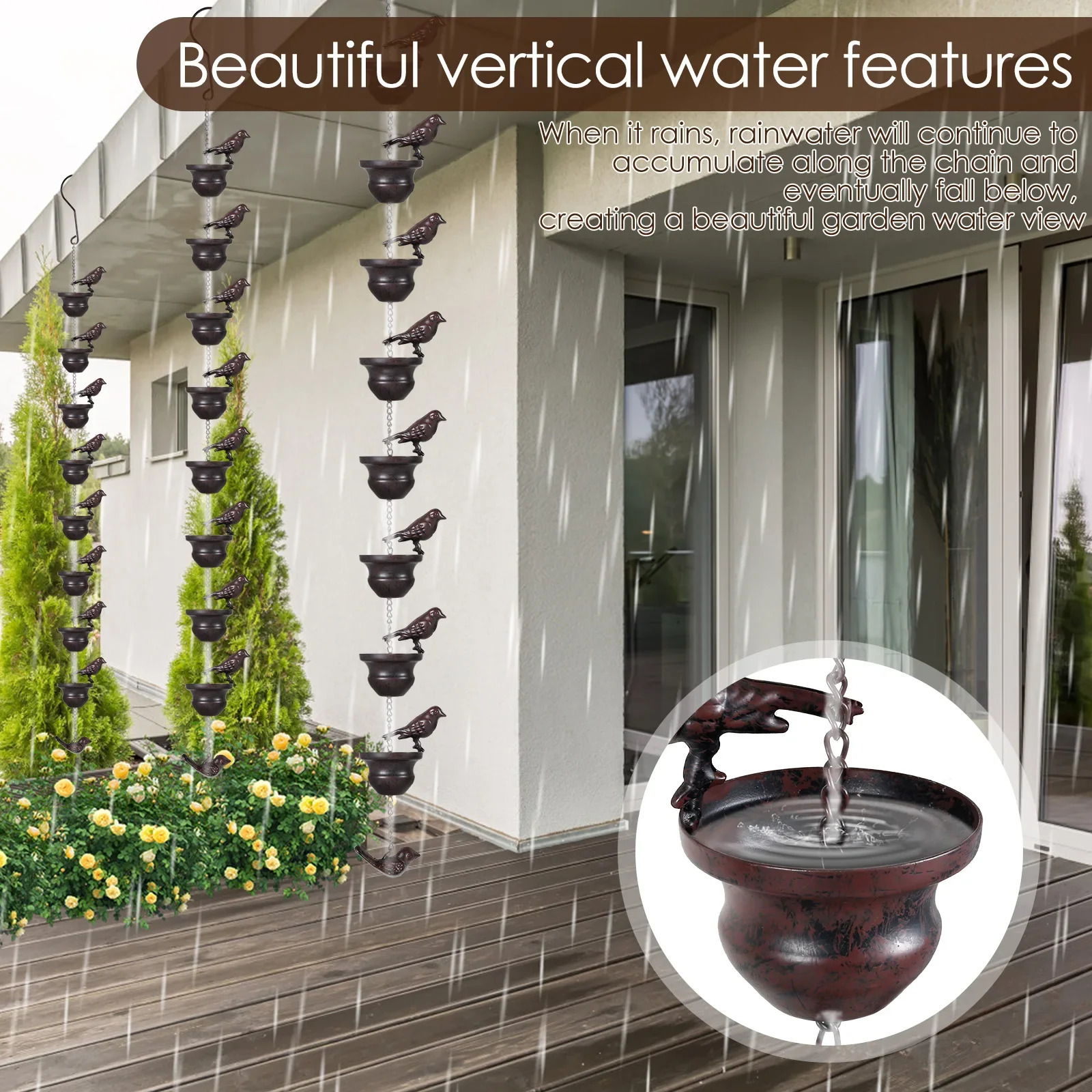 Metal Rain Chains For Outdoor Gutter Roof Decoration Drainage Creative Birds On Cups Rain Catcher Rain Chain Downspout Tool 240717