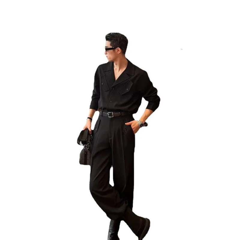 Korean Style Autumn Handsome Fashionable Shirt Suit Trendy Mens Loose Shirt Wide-leg Pants with One-piecetwo-piece Set Cityboy 240715