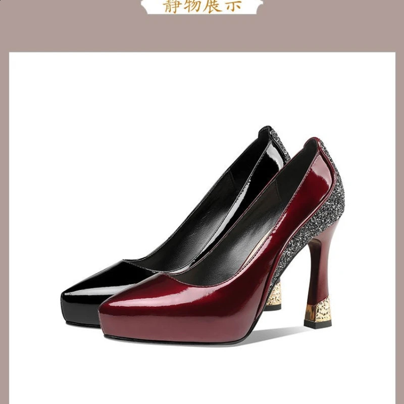 Waterproof Platform High Heel Thick Sole Color Matching Fashion Light Mouth Pointed Patent Leather Womens Single Shoes 240718