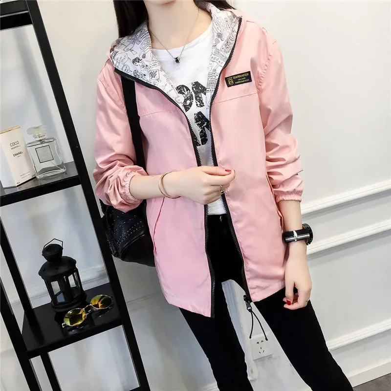 Spring Autumn Fashion Women Jacket Coat Pocket Zipper Hooded Windbreaker Female Casual Outwear Loose Plus Size Tops M57 240711