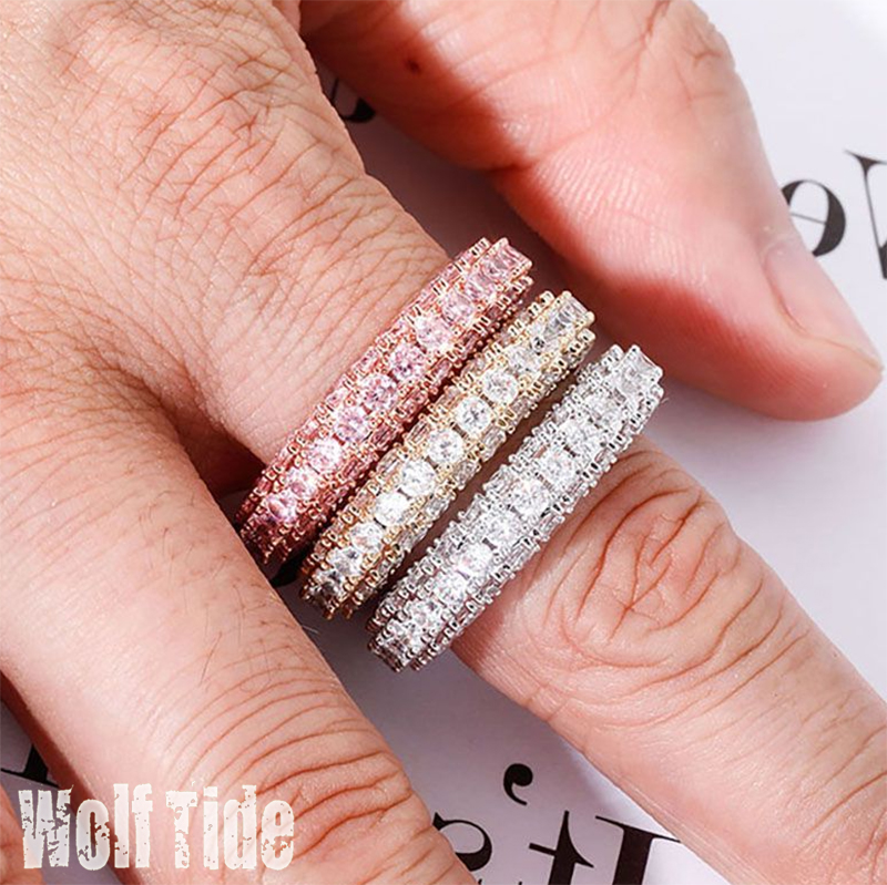 New In Charm 3 Row CZ Eternity Gold Ring With Side Stone Bling Iced Full Micro Pave Cubic Zirconia Hip Hop Punk Rock Rapper Wolf Tide Jewelry Gifts Fo