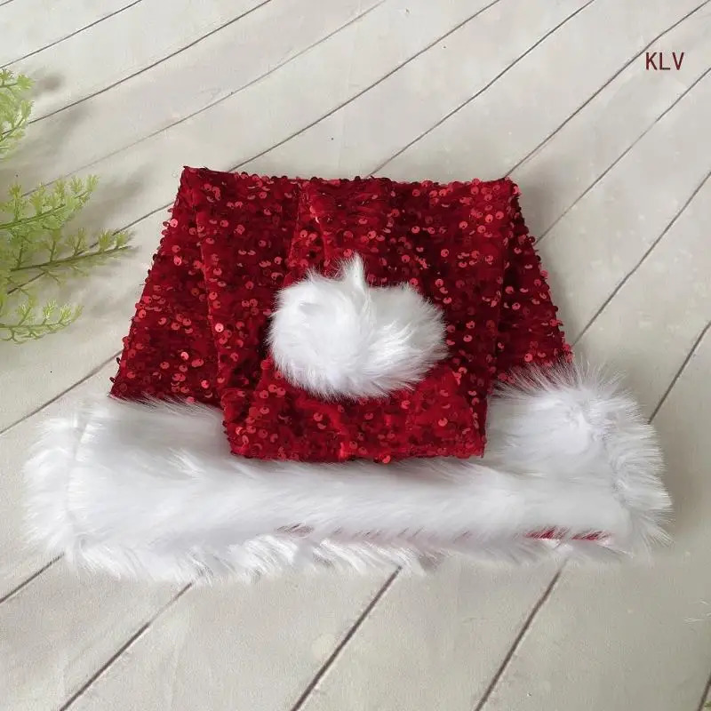 Adult Santa Hat with Sequins Thicken Plush for Holiday Comfort Liner Christmas Year Symbol Cap with White Brim 240715