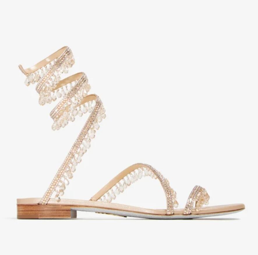 Luxury heels dress sandal flat Jeweld embellished leather satin sandals flat Crystal-embellished snake strass strap nice quality flats