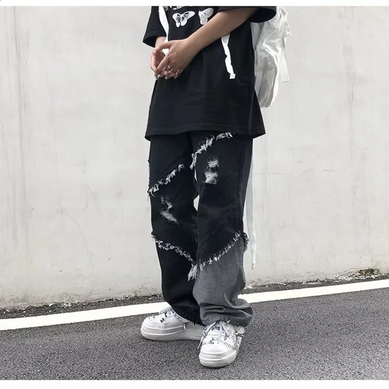 Tassel Pants Mens Wide Leg Hip Hop Lazy Wind Jeans Couples Pants Loose Jeans Men streetwear y2k pants cargo jeans Mens clothe 240722