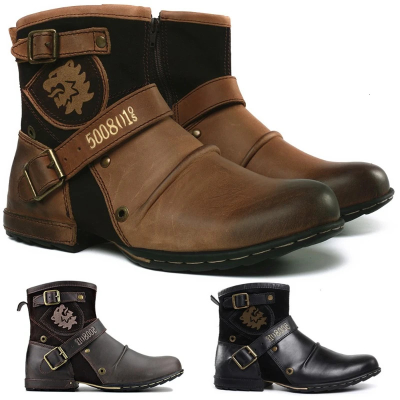 WInter Fashion Mens Shoes Boots Warm Leather Vintage Motorcycle Male Boots Riding Retro Metal Style Zippers Mens Shoes 240718