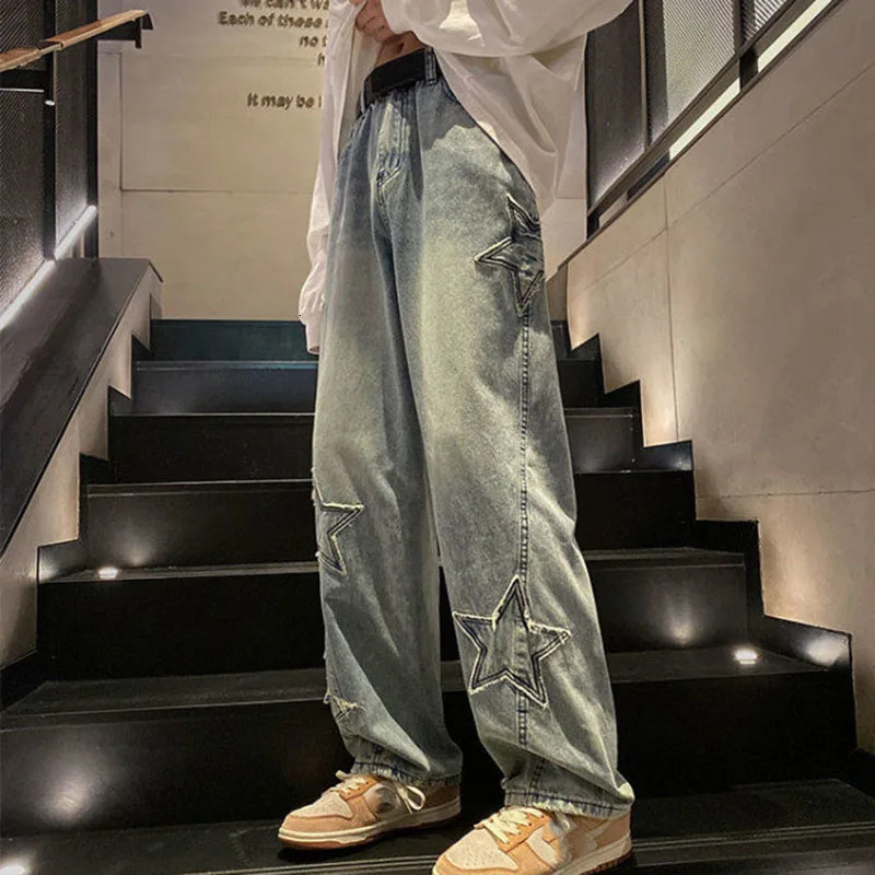 Xpqbb Y2K Vintage Streetwear Jeans Women Harajuku Star Aesthetic Wide Leg Denim Trousers High Waist Unisex Couple Straight Pants 240717