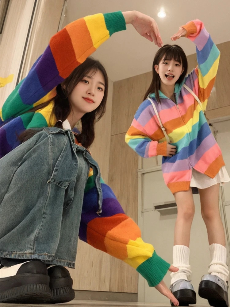 Colorful Cardigan Women Autumn Baggy Stand Collar American Style sweet Schoolgirl Daily Versatile Fashion Comfortable Chic 240717