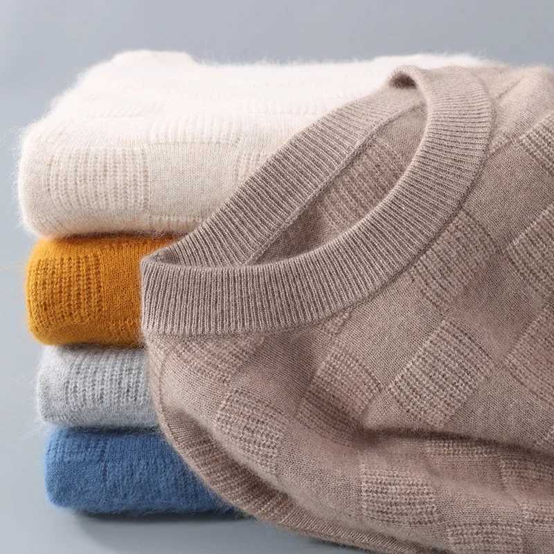 Men 100% Alxa Cashmere Sweater Round Neck Pullover Knit Sweater Autumn and Winter New Checkered Long-Sleeved High-End Jumper Top Z240912