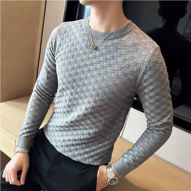 Autumn Winter Stretch Jacquard Woven O-Neck Sweater Mens Waffle Slim Fit Long Sleeve Knitted Pullovers Casual Streetwear Homme Z240912