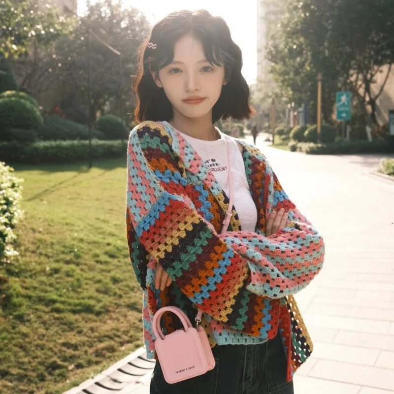 Colorful Knit Stitch Hollow Out Cardigan Oversize Women Open Front Long Sleeve Bohemian Sweater Fall Streetwear Coats T310 240717