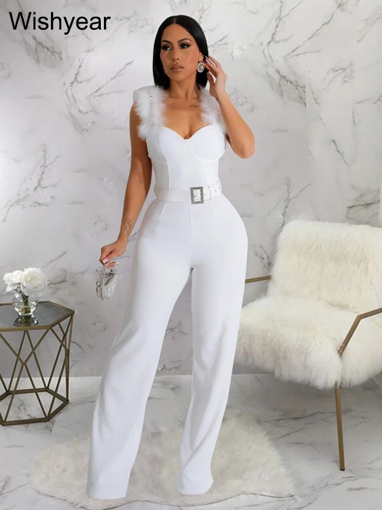 year Elegant Ostrich Shoulder Sweetheart Collar with Belt Sexy Party Club Jumpsuit Women One Piece Suit Birthday Playsuits 240715
