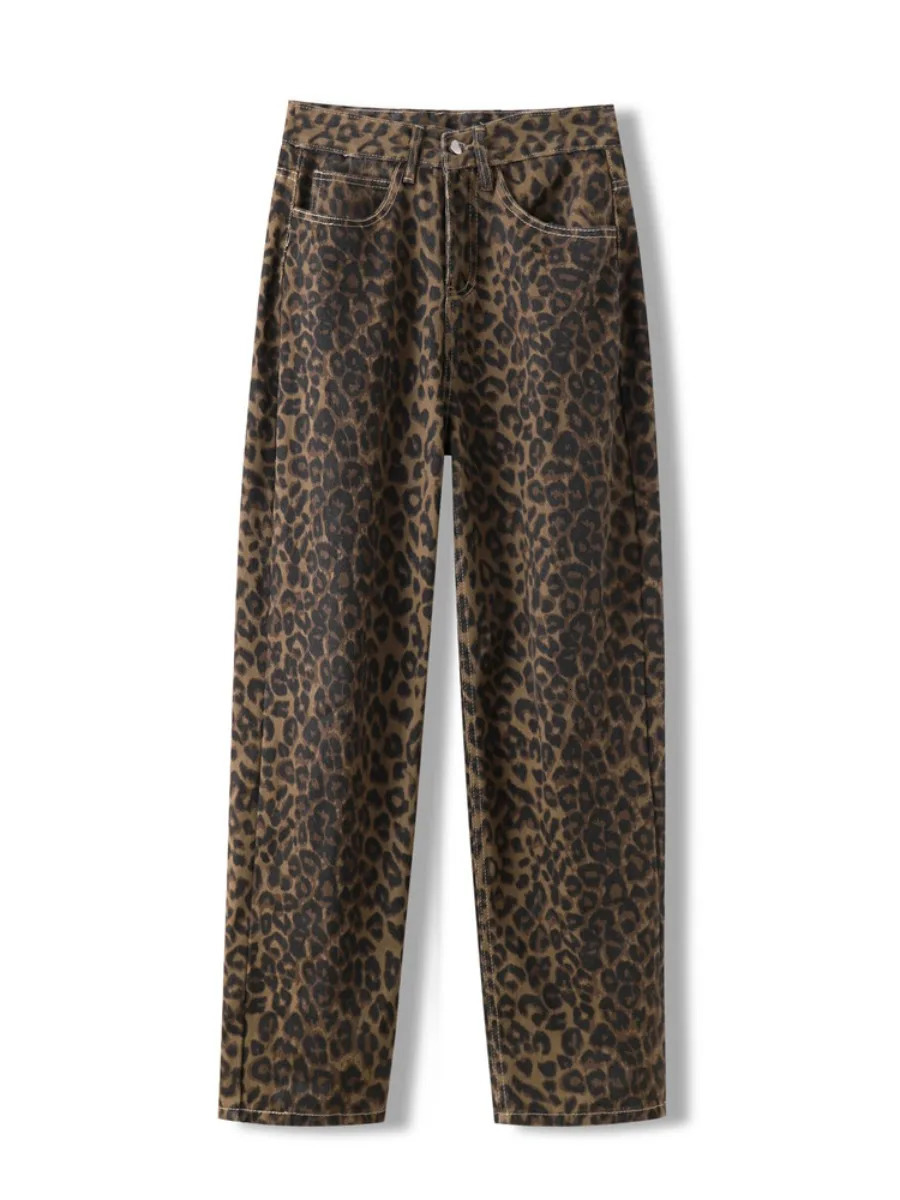 Leopard Print Jeans for Women High Waisted Y2k Retro Fashion Streetwear Denim Pants Hip Hop Straight Wide Leg Baggy Jeans 240717