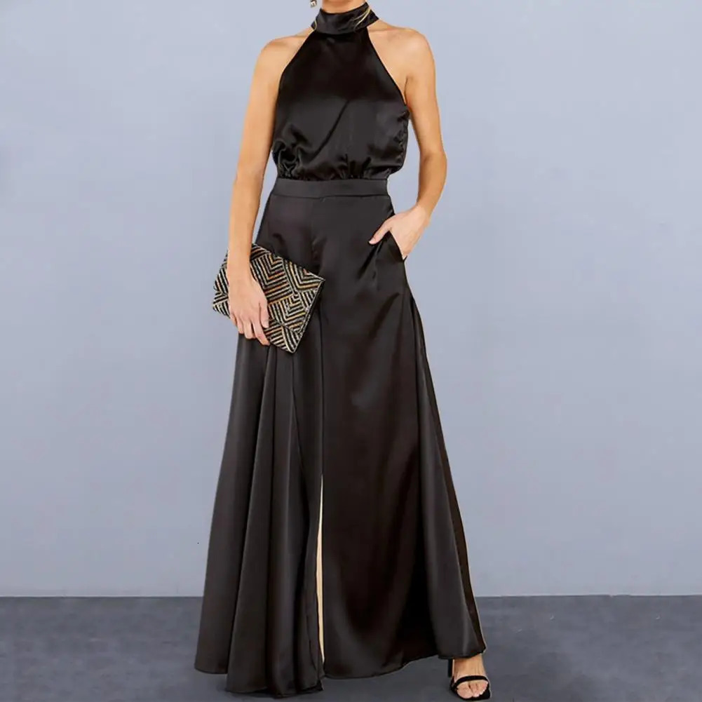 Pure Color Jumpsuit Elegant Off-shoulder Womens Jumpsuit with Halter Neck Wide Leg for Parties Proms Featuring Deep Crotch 240715