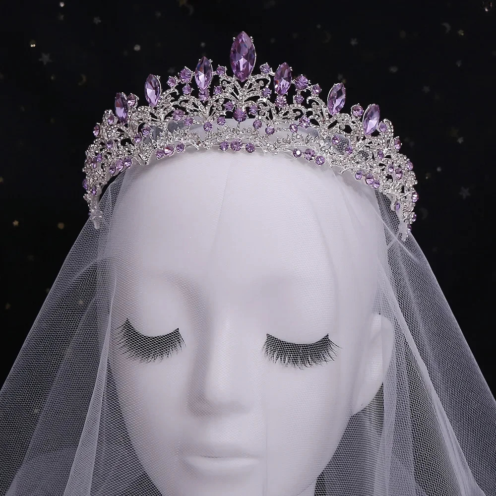 Silver Color Purple Crystal Crowns Bridal Tiaras Fashion Queen Rhinestone Diadem Headpiece Wedding Hair Jewelry Accessories Gift 240713