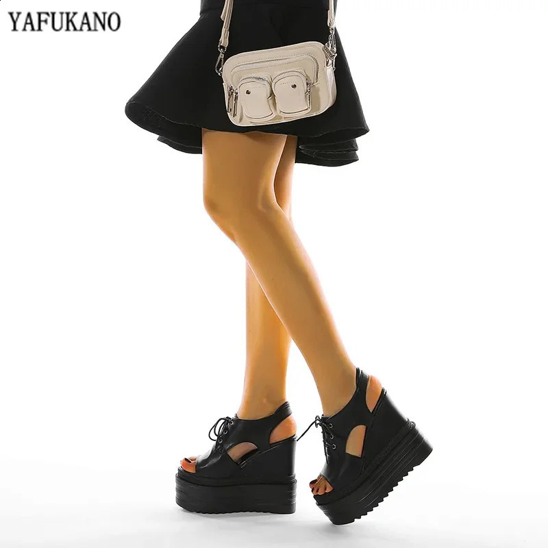 14cm Ultra High Heel Wedge Womens Sandals 2024 Summer Thick Bottom Leather Toe Platform Womens Sandals Sexy Party Dress Show Shoes 240719