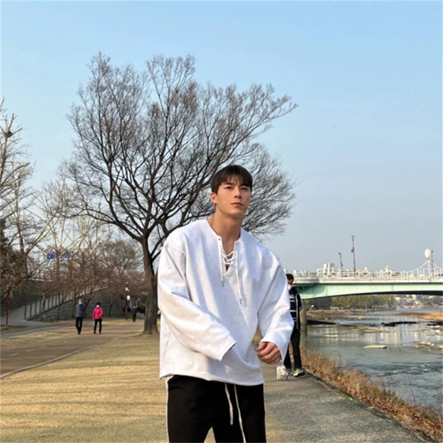 Long Sleeve t shirt for Men Autumn Fashion Cotton Solid Color tshirts Cozy Streetwear tshirt 3XL Baggy Korean Trendy 240717